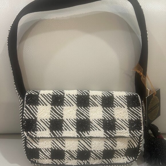 Houndstooth Plaid Beaded Bag Black Swan Handcrafted in India Tik Tok Viral NWT - Picture 1 of 4
